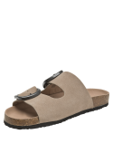 Calzado de cuero taupe con correas anchas y suela de corcho, perfecto para paseos casuales.