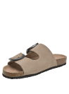 Calzado de cuero taupe con correas anchas y suela de corcho, perfecto para paseos casuales.