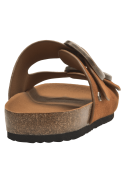 Sandalia de cuero café terracota para mujer con hebillas bronce envejecido, estilo casual boho-chic.