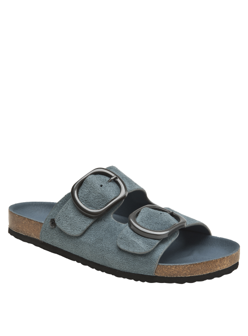 Suela de corcho ligera con base de goma negra en sandalia casual de mujer.