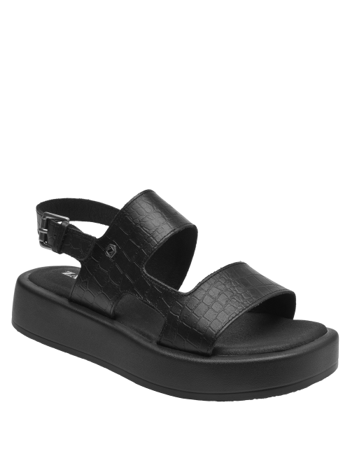 Sandalia de mujer en cuero negro, ideal para atuendos normcore.