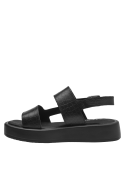 Elegante sandalia negra de cuero con hebilla ajustable en el talón.