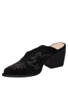 Zapato de salón negro de cuero con taco bloque de 6.5 cm y punta puntiaguda estilizada.
