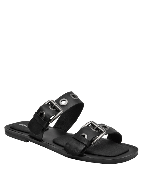 Sandalia femenina negra de cuero, ideal para combinar con diversas prendas.