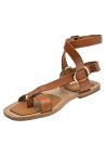 Sandalia plana de cuero camel para mujer con punta abierta y taco bajo, ideal para climas cálidos.