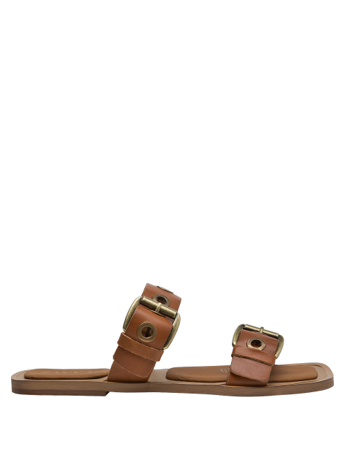 Silueta versátil de sandalia camel, adecuada para el día a día en climas cálidos.