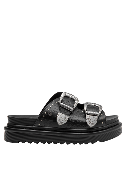 Elegante sandalia negra de cuero con taco tipo plataforma baja.