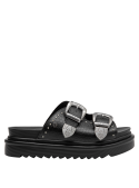 Sandalia casual de cuero negro con diseño limpio y versátil.