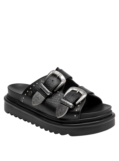 Elegante sandalia negra de cuero con taco tipo plataforma baja.