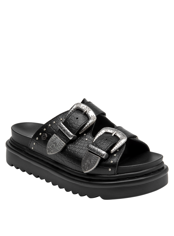 Elegante sandalia negra de cuero con taco tipo plataforma baja.