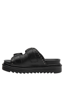 Diseño casual de sandalia negra de cuero con forro de microfibra.