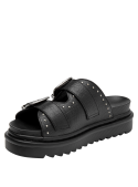 Sandalia negra de cuero con punta abierta y taco plano de 5,5 cm para mujer.