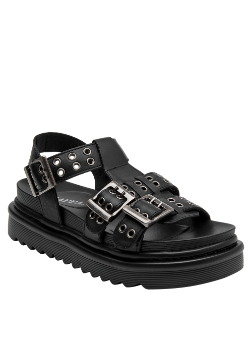 Punta abierta en sandalia negra de cuero, estilo casual para combinar con vestidos o jeans.