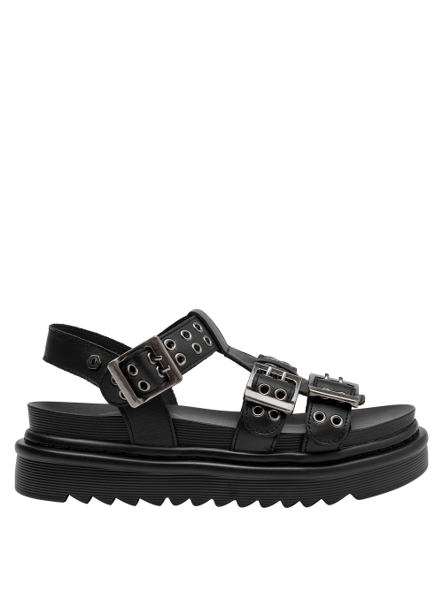 Punta abierta en sandalia negra de cuero, estilo casual para combinar con vestidos o jeans.
