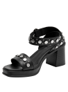 Sandalia negra de cuero con taco bloque y punta abierta, ideal para un look casual elegante.