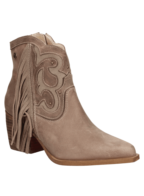 Elegante botín vaquero taupe de cuero, perfecto para ocasiones semi-formales y urbanas.