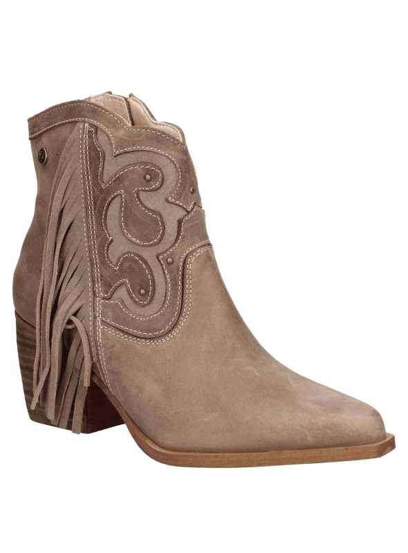 Elegante botín vaquero taupe de cuero, perfecto para ocasiones semi-formales y urbanas.