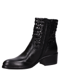 Botín negro de cuero con caña al tobillo y taco bloque, ideal para looks casuales y urbanos.