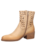 Botín de cuero beige para mujer con punta redonda y taco bloque de 5 cm, diseño minimalista y versátil.