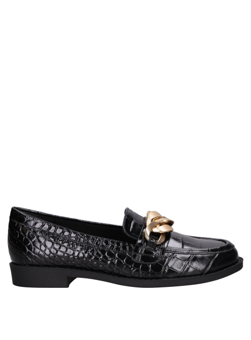Mocasín negro de cuero para mujer con forro PU, diseño versátil para combinar con jeans o falda.
