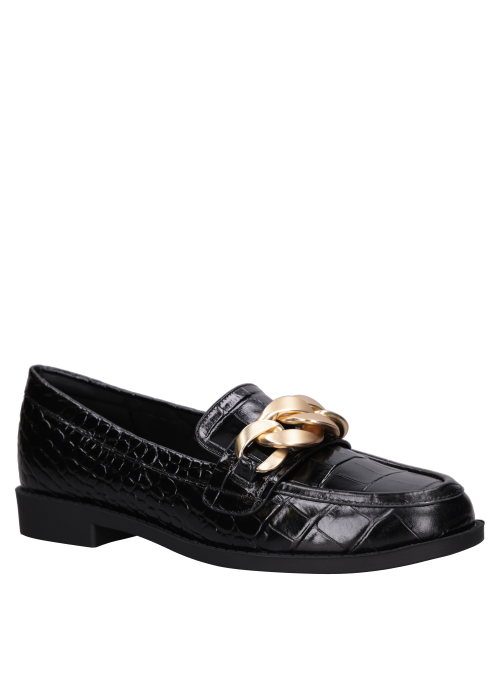 Mocasín negro de cuero para mujer con forro PU, diseño versátil para combinar con jeans o falda.