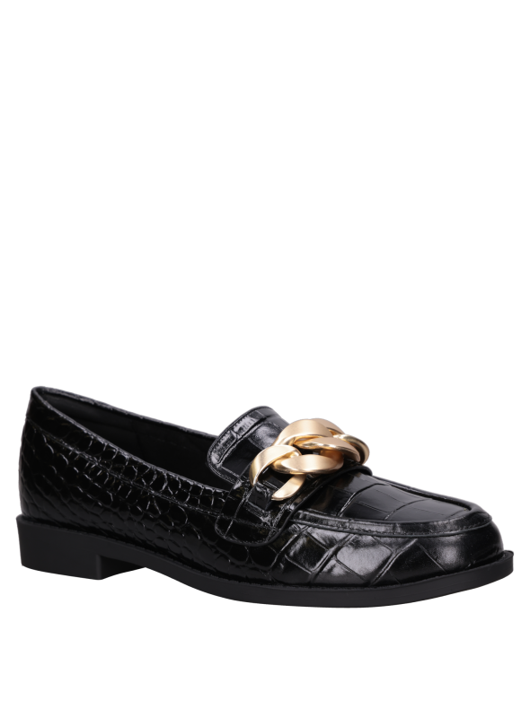 Mocasín negro de cuero para mujer con forro PU, diseño versátil para combinar con jeans o falda.