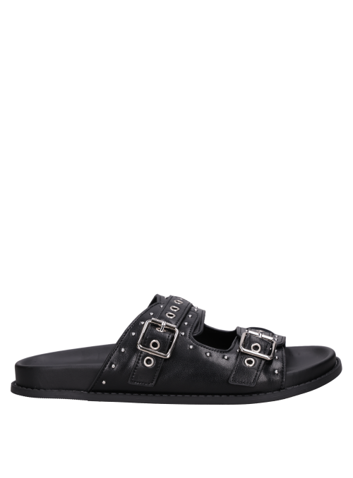Sandalia negra de cuero para mujer, estilo casual y versátil para combinar.