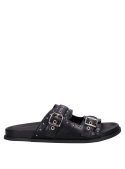 Sandalia femenina de cuero negro, diseño minimalista con taco cómodo de 3 cm.