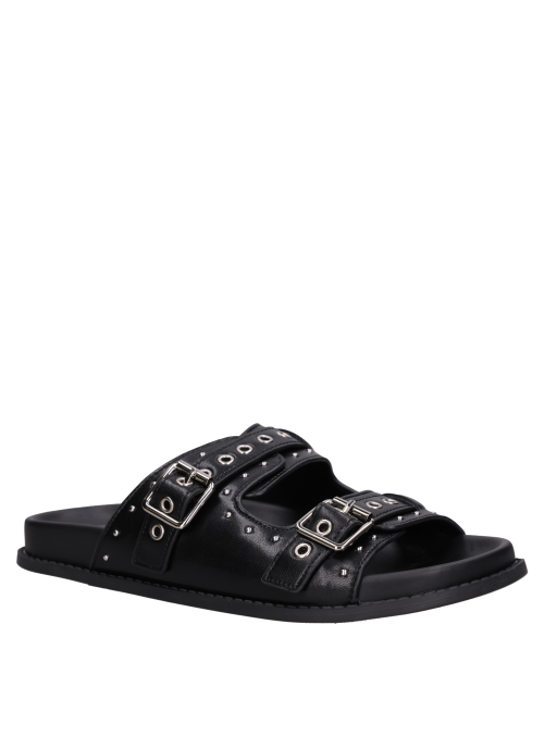 Sandalia negra de cuero para mujer, estilo casual y versátil para combinar.