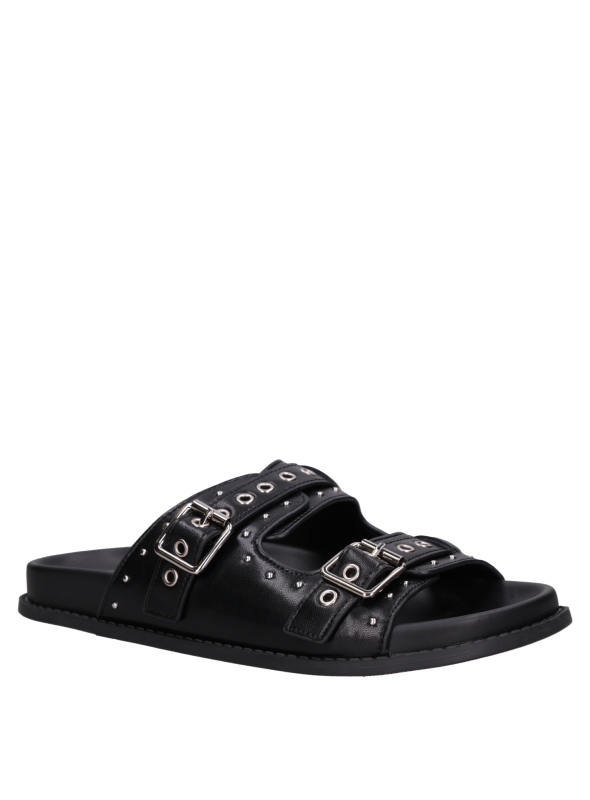 Sandalia negra de cuero para mujer, estilo casual y versátil para combinar.