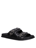 Sandalia negra de cuero para mujer, estilo casual y versátil para combinar.