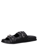 Sandalia negra de cuero con punta abierta y taco de 3 cm, diseño minimalista para mujer.