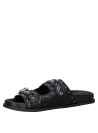 Sandalia negra de cuero con punta abierta y taco de 3 cm, diseño minimalista para mujer.