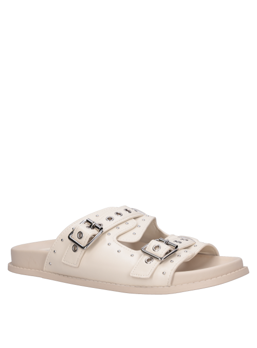 Sandalia beige de cuero, estilo casual con altura baja de 3 cm.