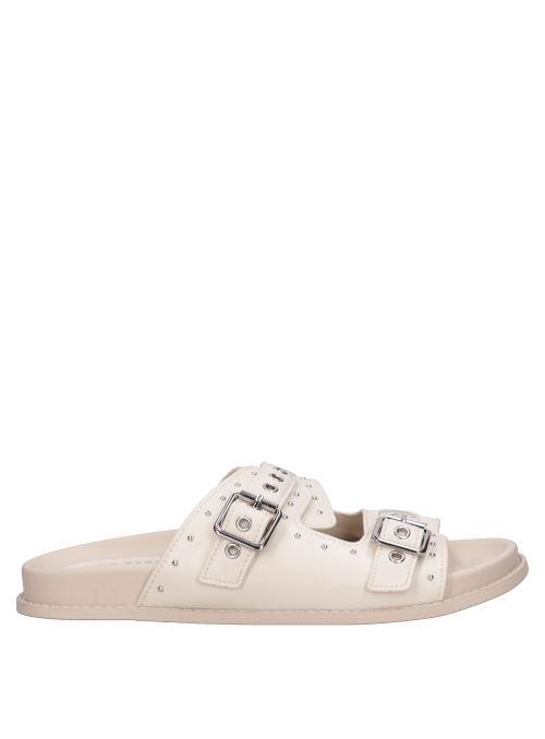 Sandalia beige de cuero, estilo casual con altura baja de 3 cm.