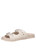 Sandalia de cuero beige para mujer con diseño minimalista y punta abierta.