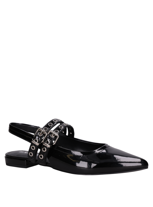 Ballerina de cuero charol negro, ideal para atuendos formales y casuales.