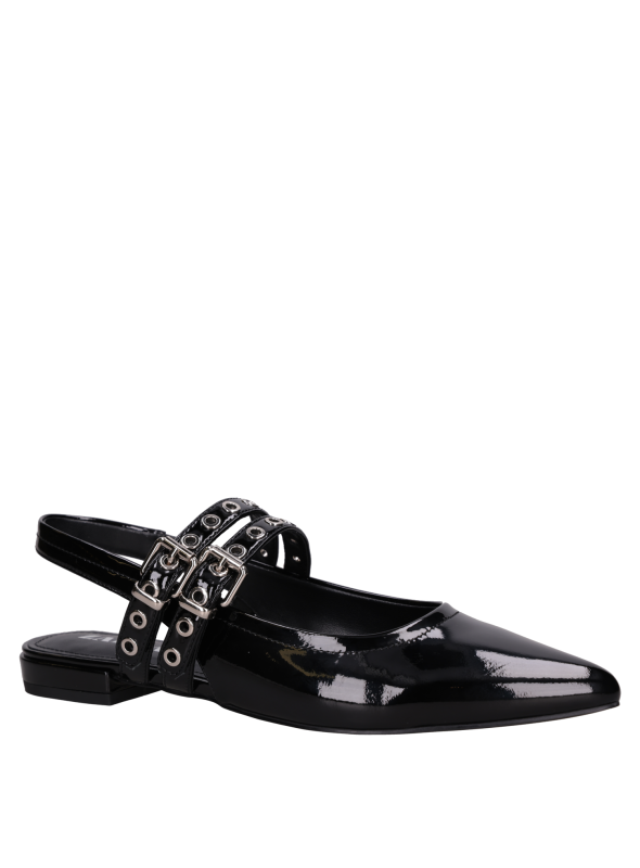 Ballerina de cuero charol negro, ideal para atuendos formales y casuales.