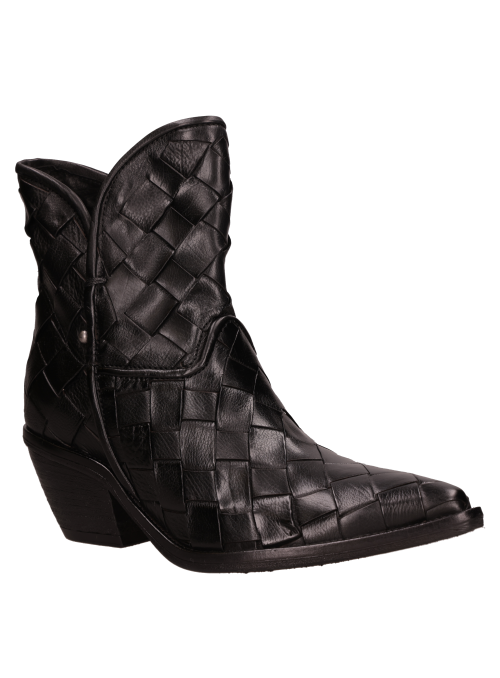 Elegante botín negro de cuero, diseño urbano con estabilidad y confort para diversas ocasiones.