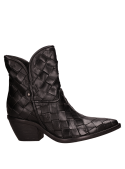 Botín de cuero negro con taco bloque de 6,5 cm, look casual chic para combinar con jeans o falda.