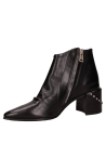 Botín de cuero negro de mujer con taco bloque y punta puntiaguda, ideal para un look casual y sofisticado.