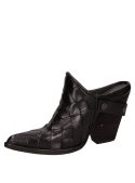 zapato de cuero negro para mujer con punta puntiaguda y taco bloque de 10 cm