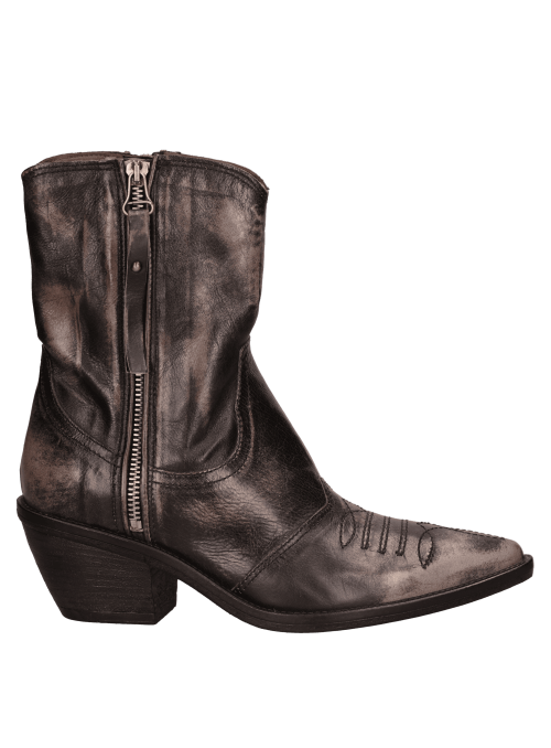 Botín gris de cuero con taco bloque estable, ideal para transitar del día a la noche.