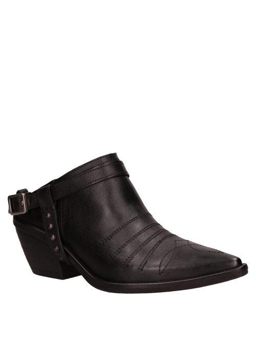 Mule vaquero de cuero negro, diseño elegante para mujer, perfecto para un look contemporáneo.