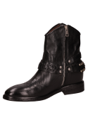 Botín vaquero negro de cuero con taco bloque de 3 cm y punta redonda para mujer.
