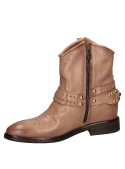 Botín vaquero beige de cuero con punta redonda y taco bloque, ideal para mujer.