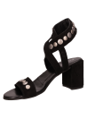 Sandalia de cuero negro con taco bloque, diseño elegante de punta abierta para mujer.