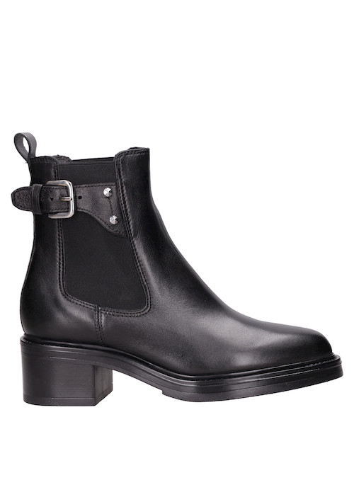Botín de cuero negro para mujer, estilo casual, recomendado para largas jornadas.