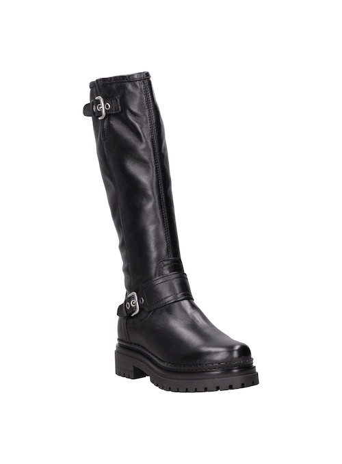 Bota negra de cuero para mujer, detalles metálicos, recomendada para ocasiones informales.