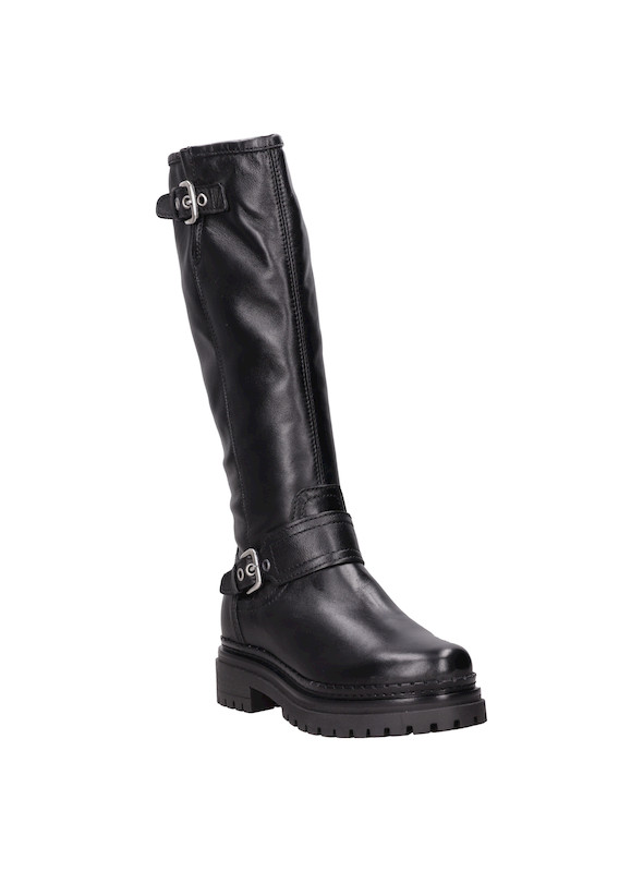 Bota negra de cuero para mujer, detalles metálicos, recomendada para ocasiones informales.